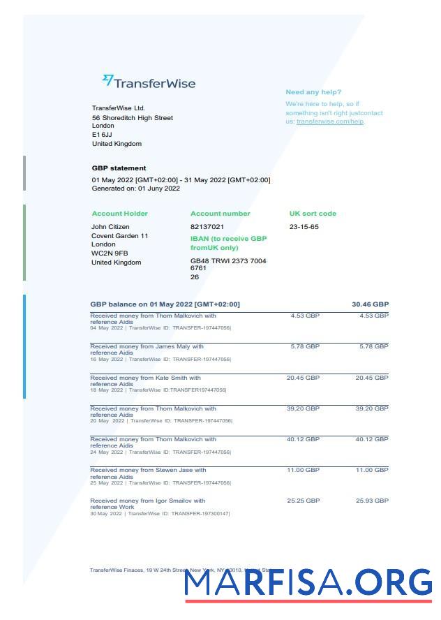 Downloadable USA TransferWise Finances statement word real example